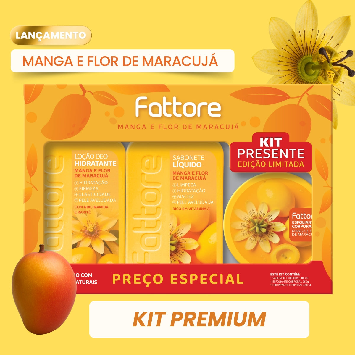 Kit Premium Fattore Manga e Flor de Maracujá – Hidratação, Limpeza e Esfoliação