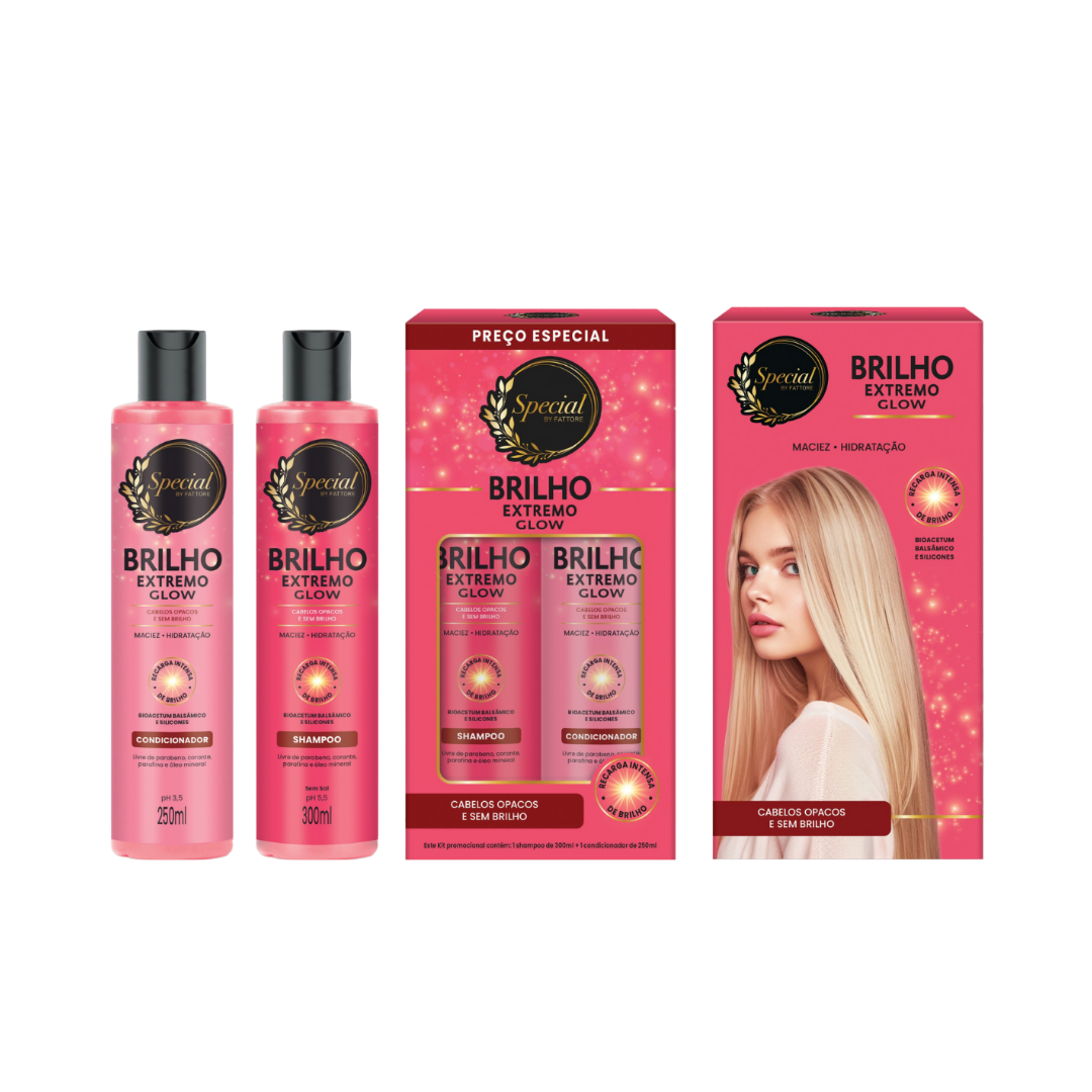 Kit Brilho Extremo Glow Special by Fattore Shampoo + Condicionador – Hidratação e Brilho Intenso