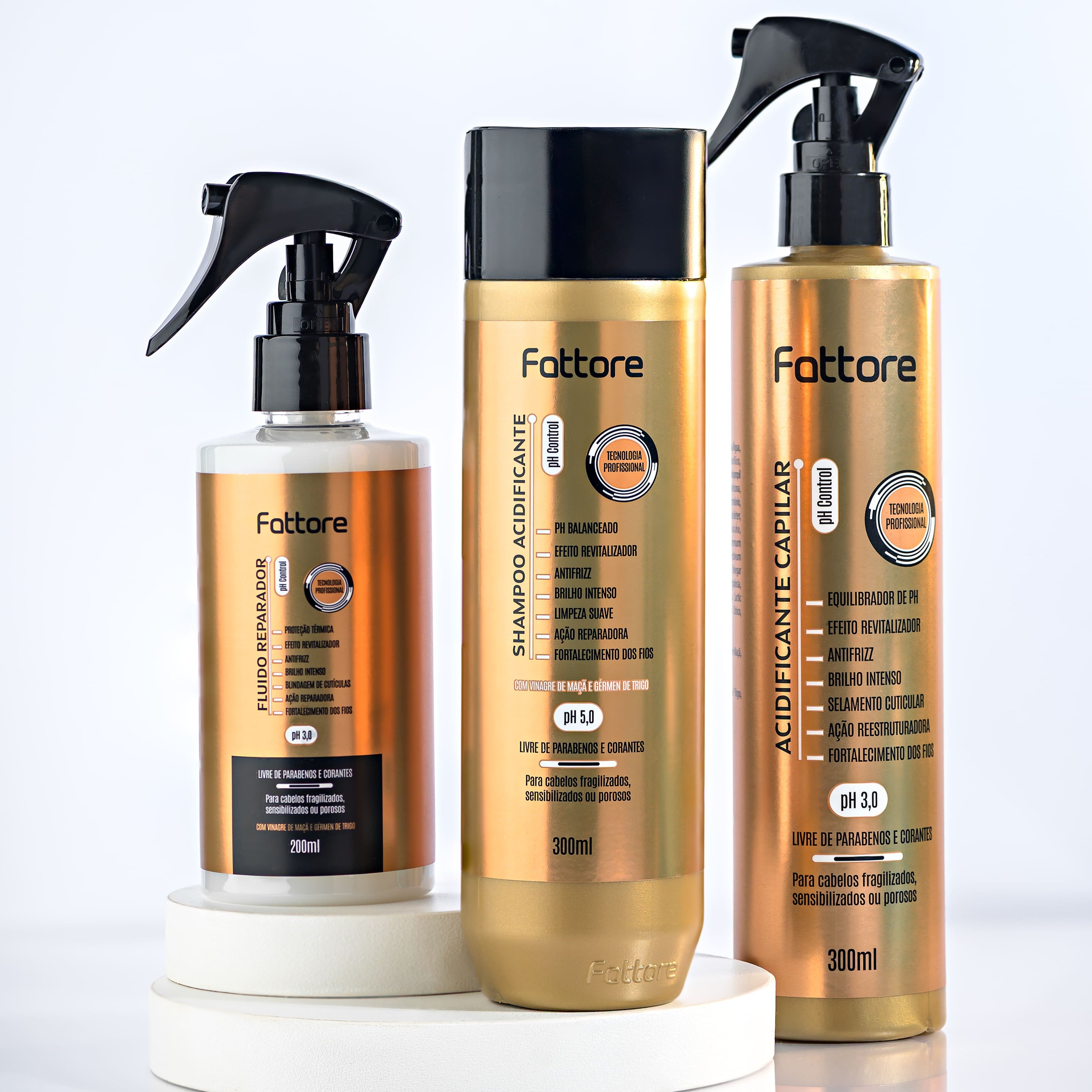 Kit Acidificante Capilar Fattore – Escova Sem Frizz, Brilho Intenso com Proteção Térmica