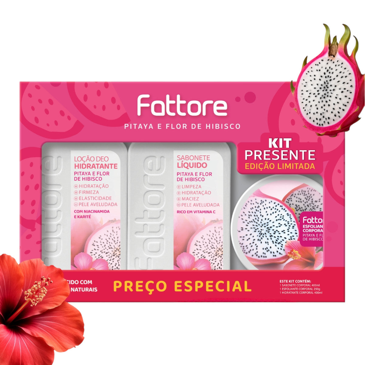 Fattore Kit Pitaya e Flor de Hibisco – Sabonete, Hidratante e Esfoliante (3 Itens)