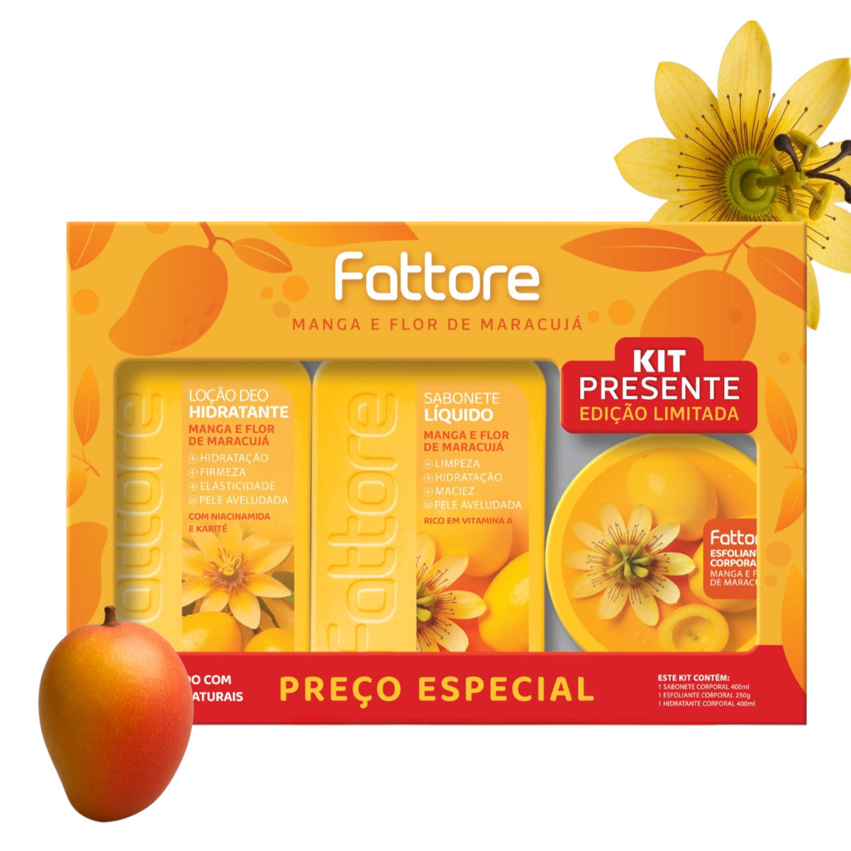 Fattore Kit Manga e Flor de Maracujá – Sabonete, Hidratante e Esfoliante (3 Itens)