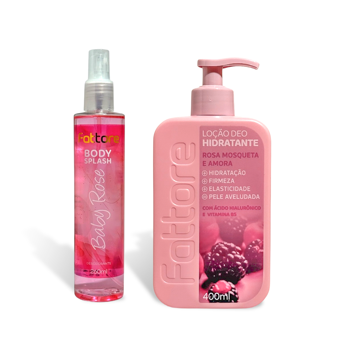 Kit Body Splash Baby Rose + Hidratante Rosa Mosqueta e Amora – Hidratação e Perfume Corporal