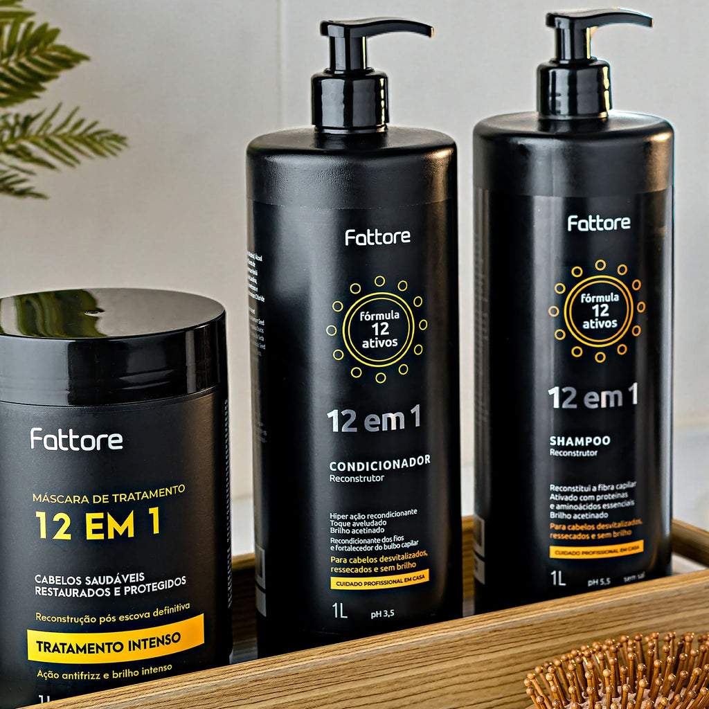 Fattore Kit 12 em 1 – Shampoo 1L + Condicionador 1L + Máscara 1KG (3 Itens)