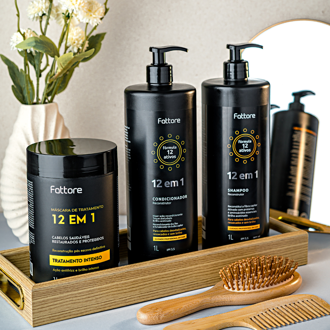 Fattore Kit 12 em 1 – Shampoo 1L + Condicionador 1L + Máscara 1KG (3 Itens)