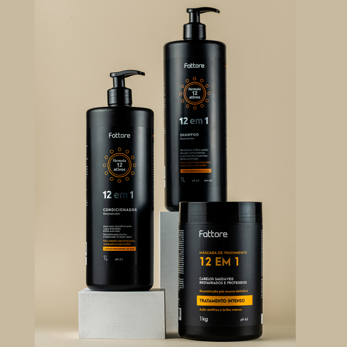 Fattore Kit 12 em 1 – Shampoo 1L + Condicionador 1L + Máscara 1KG (3 Itens)