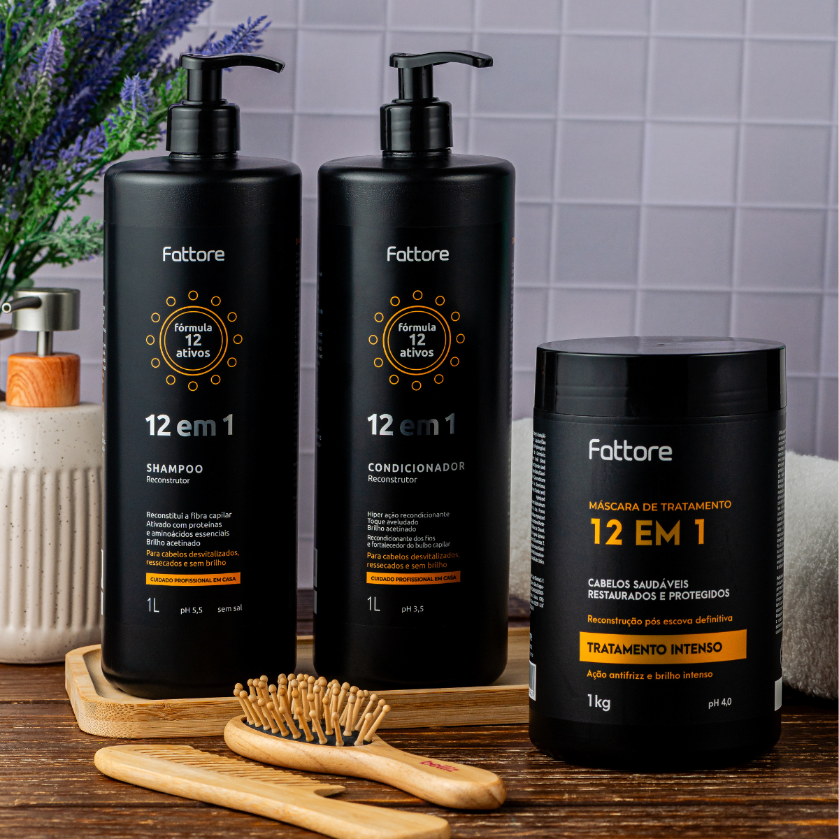 Fattore Kit 12 em 1 – Shampoo 1L + Condicionador 1L + Máscara 1KG (3 Itens)