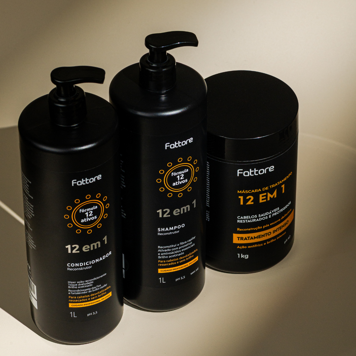 Fattore Kit 12 em 1 – Shampoo 1L + Condicionador 1L + Máscara 1KG (3 Itens)