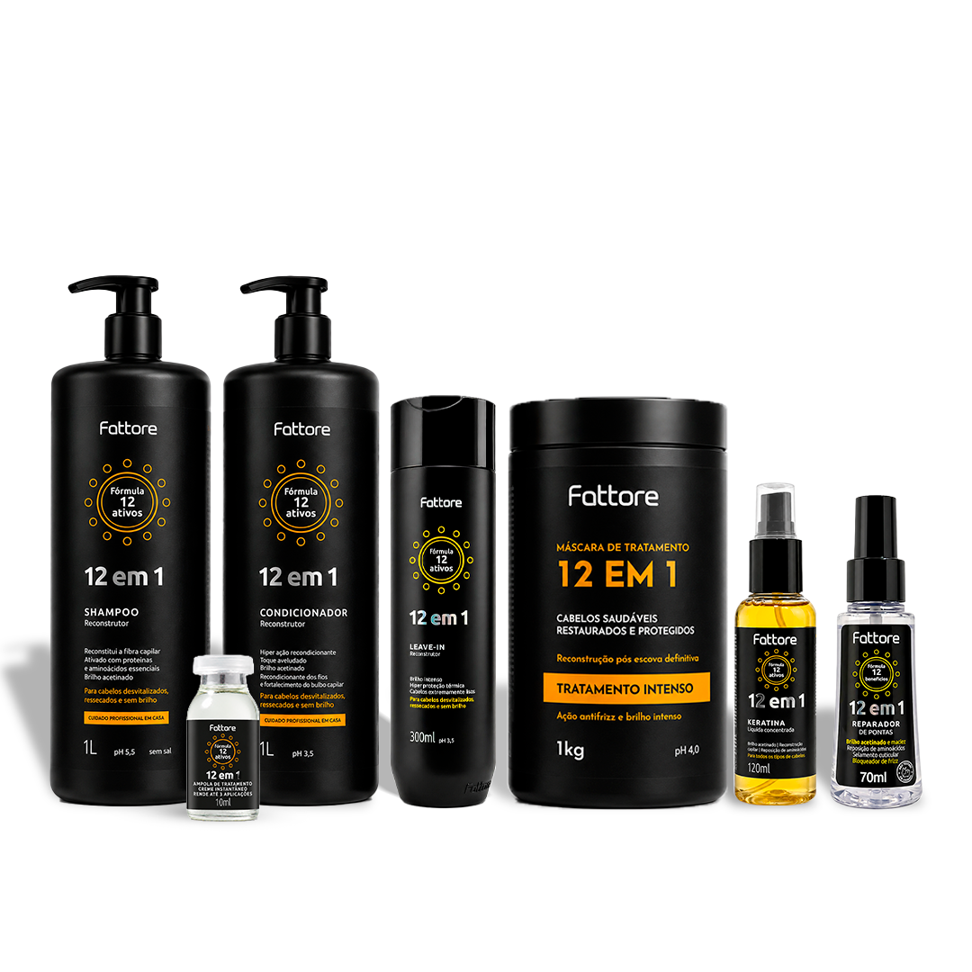 Kit 12 em 1 Tratamento Completo – Reconstrução Capilar Profissional (7 Itens)