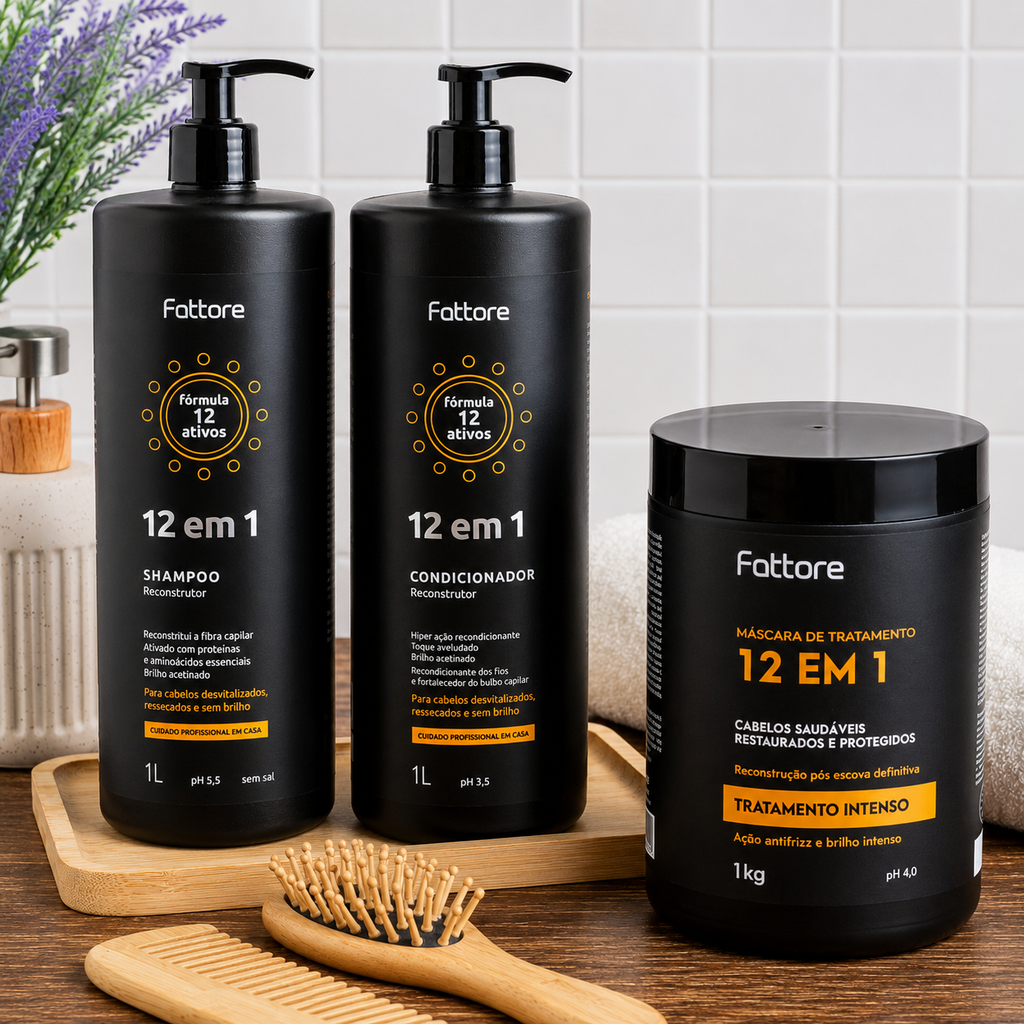 Fattore Kit 12 em 1 – Shampoo 1L + Condicionador 1L + Máscara 1KG (3 Itens)