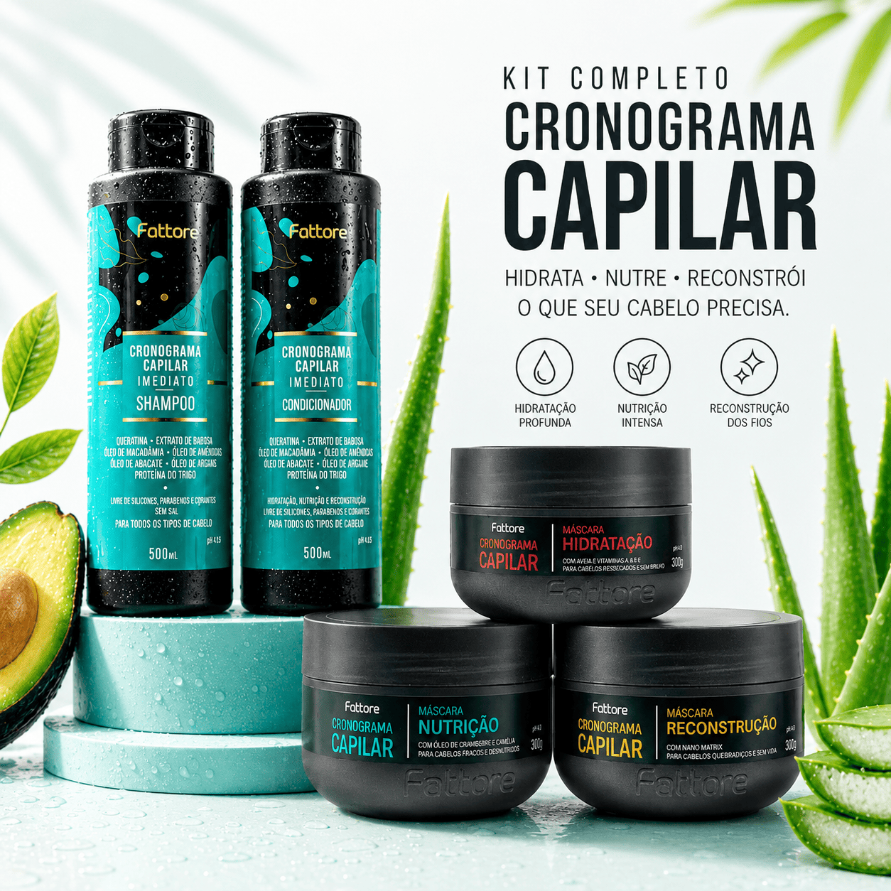 Kit Cronograma Capilar Completo 500ml – Hidratação, Nutrição e Reconstrução