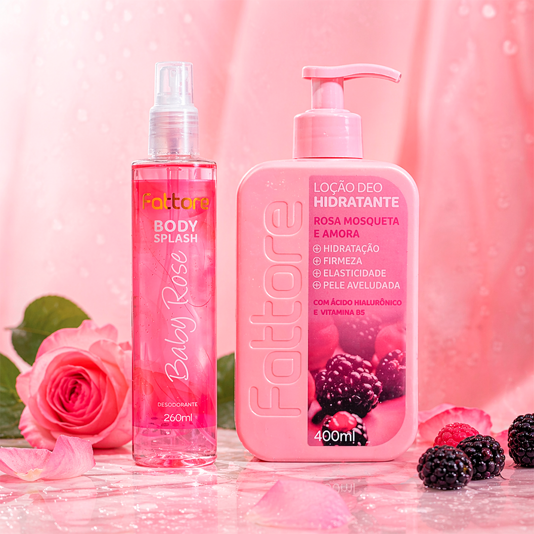 Kit Body Splash Baby Rose + Hidratante Rosa Mosqueta e Amora – Hidratação e Perfume Corporal