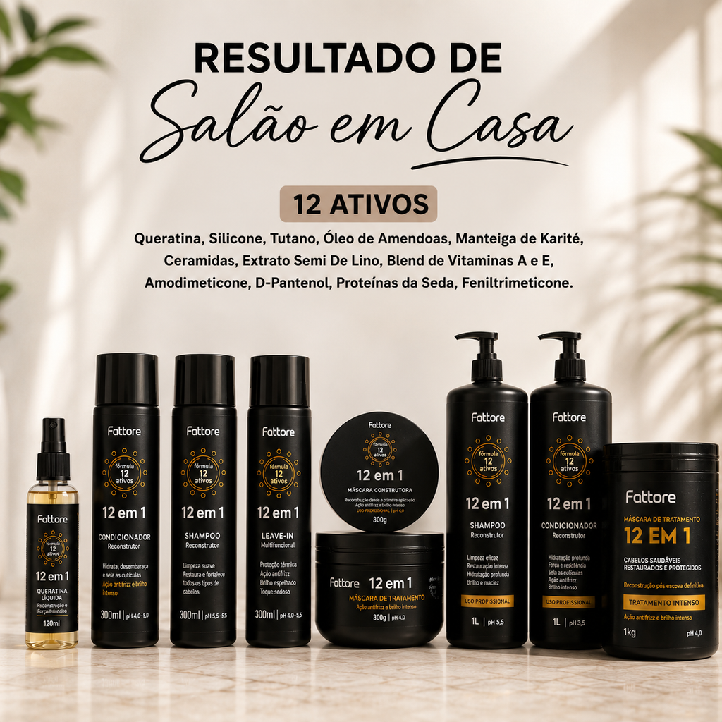 Kit 12 em 1 Tratamento Completo – Reconstrução Capilar Profissional (7 Itens)