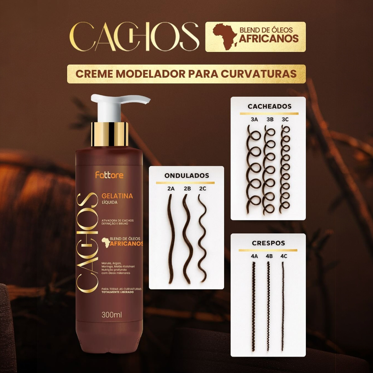 Fattore Gelatina Líquida Cachos Óleos Africanos 300ml – Definição e Brilho