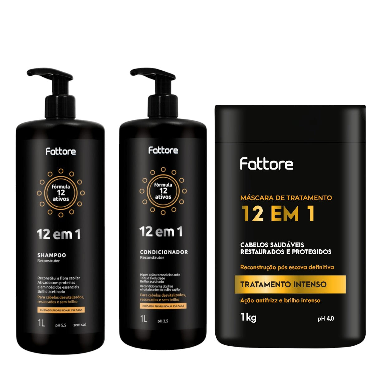 Fattore Kit 12 em 1 – Shampoo 1L + Condicionador 1L + Máscara 1KG (3 Itens)