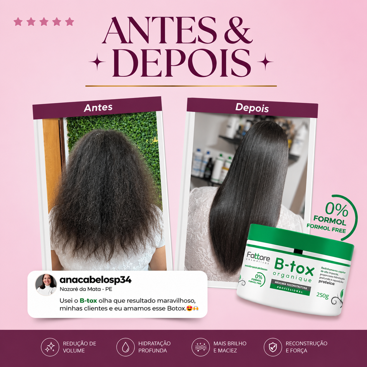 KIT Botox Capilar Shampoo 300ml + Máscara Reconstrutora 1KG - Sem Formol Detox Antirresíduos