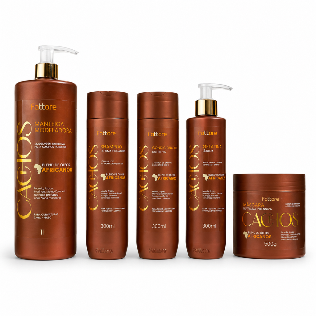 Kit Cachos Óleos Africanos – Shampoo, Condicionador, Manteiga Modeladora, Gelatina e Máscara