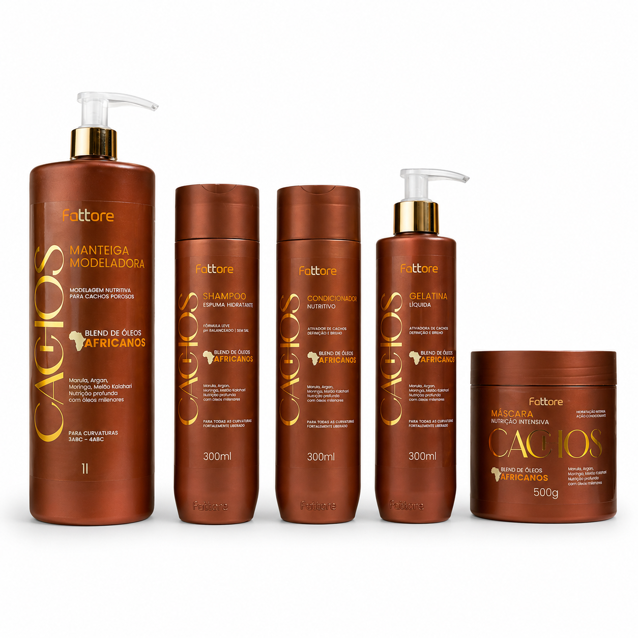 Kit Cachos Óleos Africanos – Shampoo, Condicionador, Manteiga Modeladora, Gelatina e Máscara