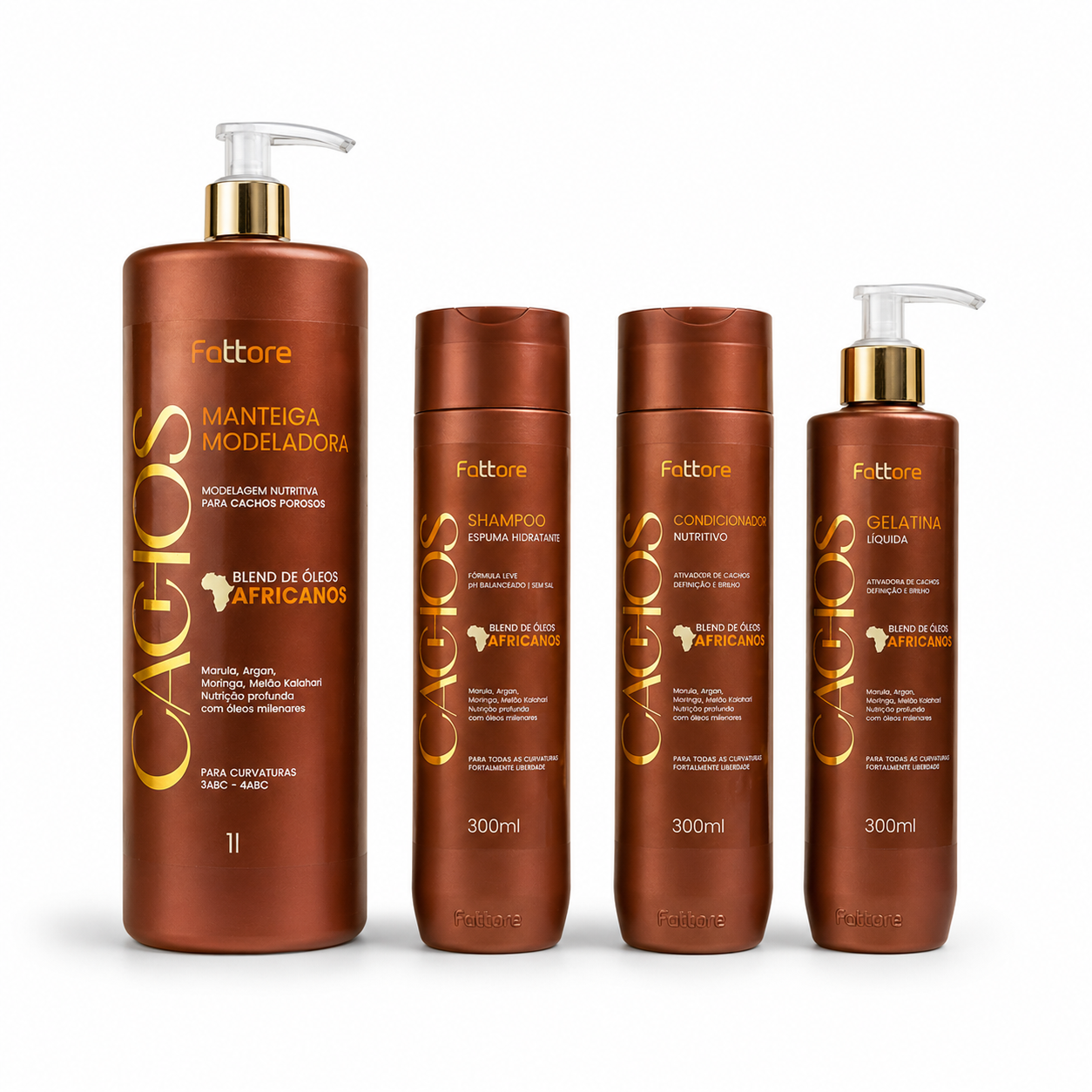 Kit Cachos Óleos Africanos – Shampoo, Condicionador, Manteiga Modeladora, Gelatina